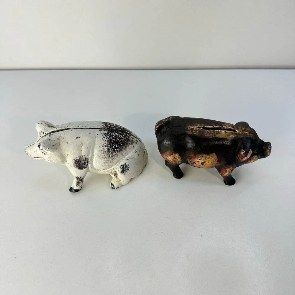 Vintage Cast Iron Pig Bank Doorstops x2 White and Black 4